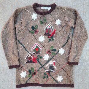 VTG Victoria Jones Birdhouse Cardinal Red Bird Winter Cottage Knit Sweater, Sz S
